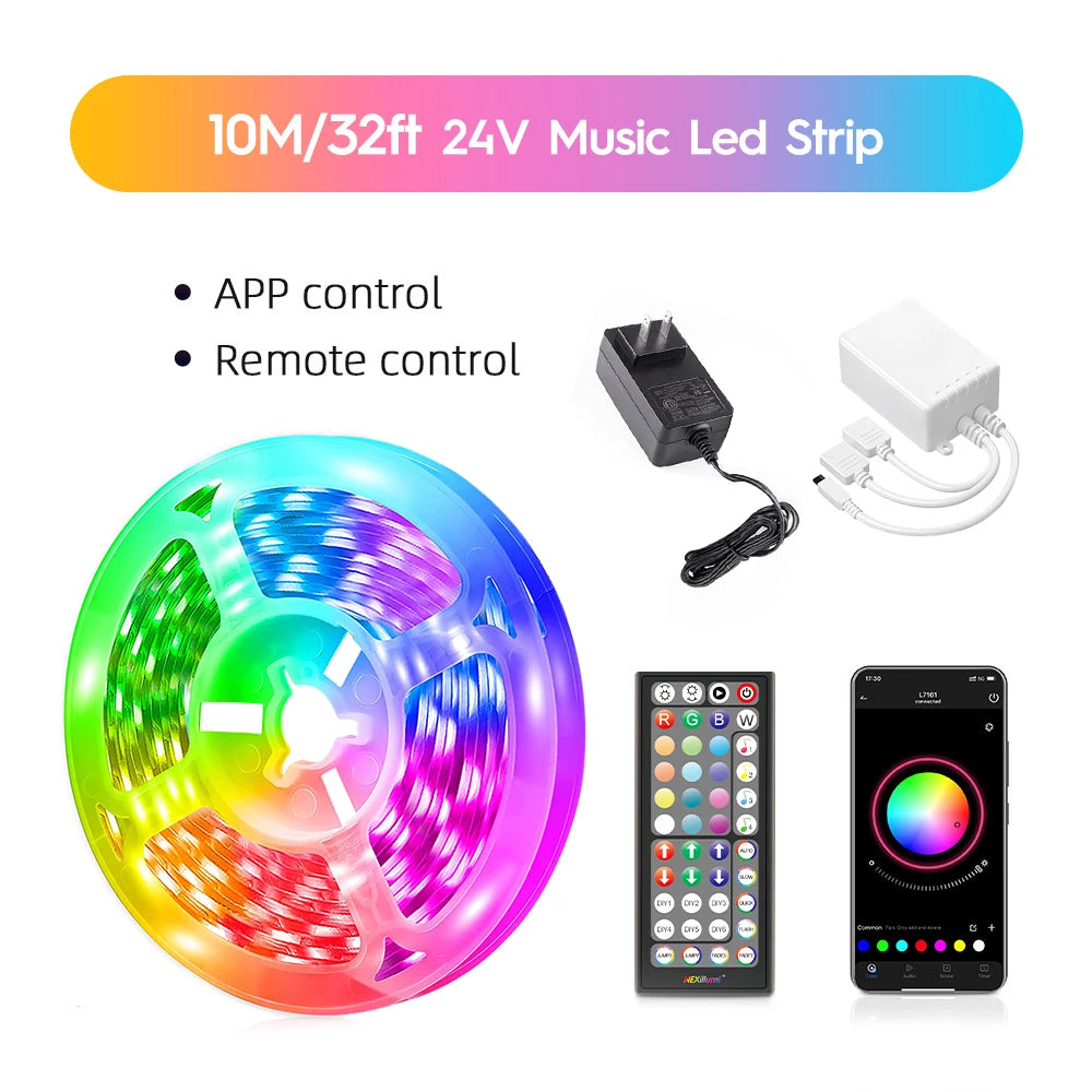 Nexillumi 5050 RGB LED Strip Lights, 5m/10m/15m/20m/30m Bluetooth APP Control Music Sync Ribbon with 12V/24V Adapter for Decor